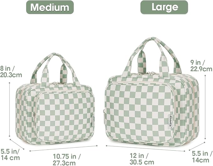 Narwey Travel Toiletry Bag for Women Large Hanging Makeup Bag Organizer Toiletries Bag for Full Size Essentials Accessories Cosmetics (Mint Green Checkerboard (Large))