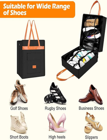 Yotako Shoe Bag for Travel with Leathers Handle,Portable Shoe Organizer with Pockets,3 in 1 Hanging Luggage Shoe Storage Bag,Travel Shoe Bag for Women Men Fit 6 PCS Shoes,Black