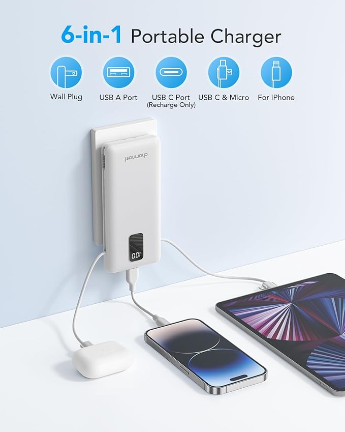 charmast Portable Charger with Built-in Cables and Plug, 10000mAh USB C Power Bank Fast Charging, External Battery Pack Slim, Travel Essentials Compatible with iPhones, Samsung Galaxy, iPad