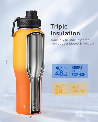 Trebo 32oz Insulated Water Bottle that Fits in Cup Holder, Stainless Steel Bottles Tumbler Double Wall Metal with Straw Spout Lids,Travel Flask with Paracord Handle, Sweat Proof Keep Cold &Hot,Orange