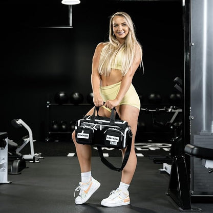 WOLFpak 20L Mini Duffle Bag for Gym & Travel | Waterproof Carry-On Weekender Bag with Shoe Compartment, Hard Bottom, and Tactical Molle System (Black with White Accents)