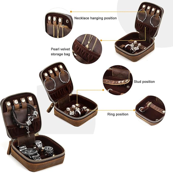 CONTACTS Crazy Horse Leather Travel Jewelry Case Small Jewelry Box Travel Organizer for Rings, Necklaces, Earrings Watches Storage Case, Brown