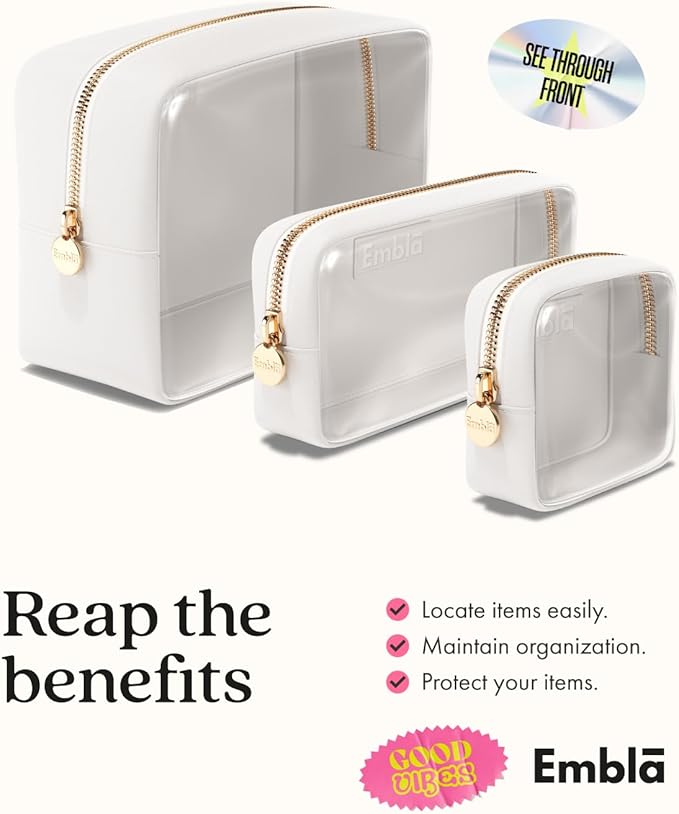 Clear Cosmetic Bags Set of 3, Mini Small Large Makeup Bags For Women Clear Pouch Cosmetics Cases Zipper Cute Pouches Make Up Travel Toiletry Essentials Preppy Purse Organizer Makeup Cases, White