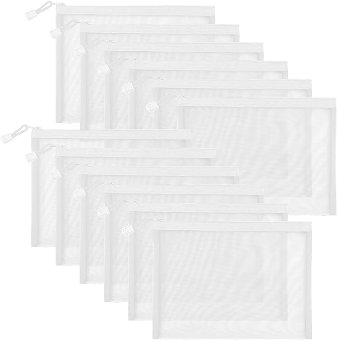 12 Pieces Zipper Nylon Mesh Pouch, Mesh Cosmetic Bags Makeup Bags Pencil Case, Multipurpose Travel Bags for Cosmetic School Office Supplies and Travel Accessories (White, A5)