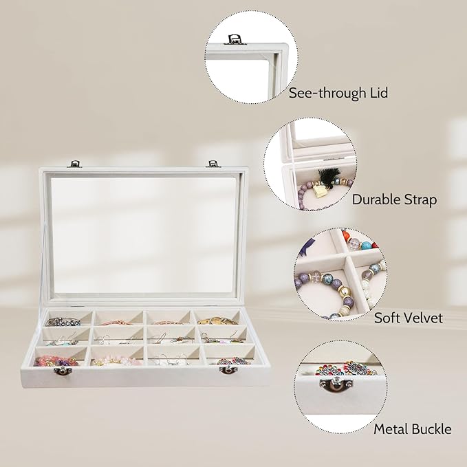 Stratalife Jewelry Organizer Bracelet Organizer Storage Box 12 Grid Stackable Jewelry Tray with Lid Velvet Jewelry Box for Drawer Necklace Bracelet Display Storage Organizer Box (Beige)