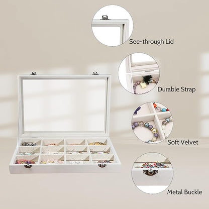 Stratalife Jewelry Organizer Bracelet Organizer Storage Box 12 Grid Stackable Jewelry Tray with Lid Velvet Jewelry Box for Drawer Necklace Bracelet Display Storage Organizer Box (Beige)