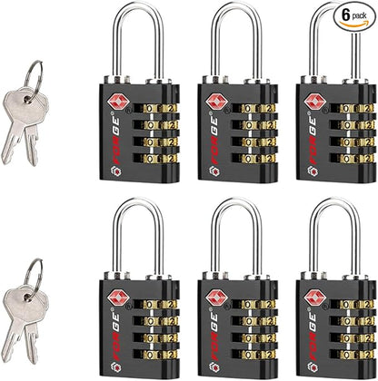 Forge Dual-Opening: Key or Combination Access Lock, Use Key to Recover Code If Forgotten, TSA Approved Locks for Luggage, Pelican case, Travel, Gym, School, Stainless Steel Shackle.(Black 6 Pk)