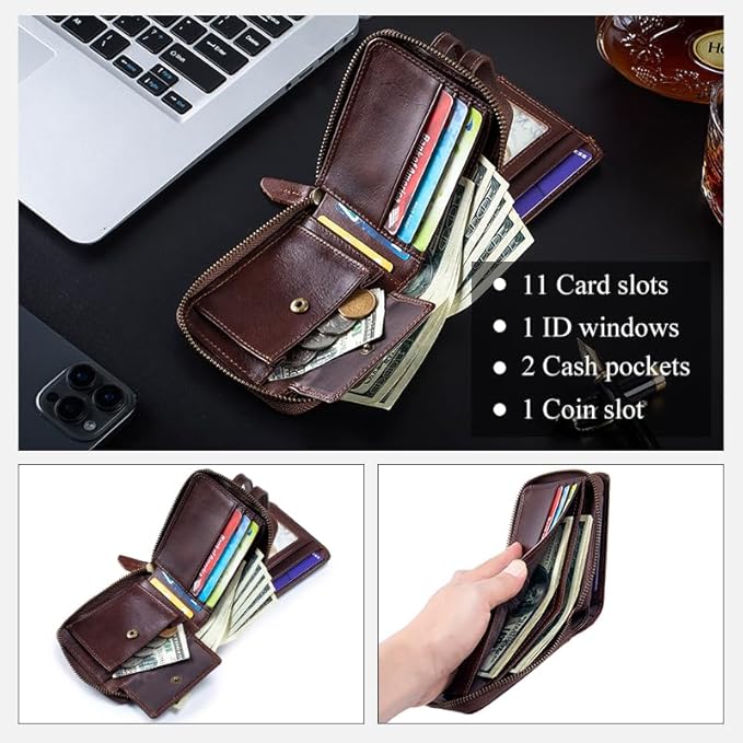 Genuine Leather Men's Wallet with Zipper Vintage RFID Blocking Large Capacity Wallet for Men with 11 Credit Card Slots and 1 ID Window (Coffee)
