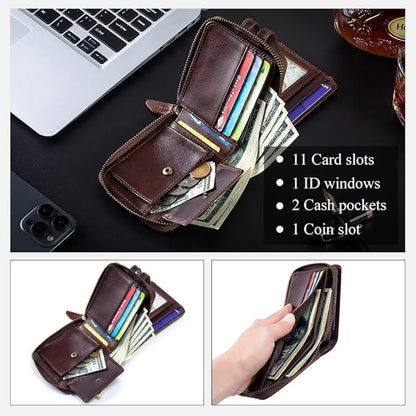 Genuine Leather Men's Wallet with Zipper Vintage RFID Blocking Large Capacity Wallet for Men with 11 Credit Card Slots and 1 ID Window (Coffee)