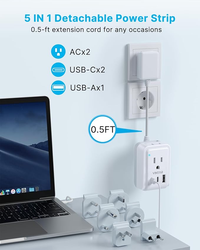 VINTAR Universal Travel Adapter Kit, 0.5ft Detachable Extension Cord with 2 AC Outlets & 3 USB(2 USB C), Type A/C/G/D/I/M International Power Adaptor for US to Europe UK India South Africa Japan
