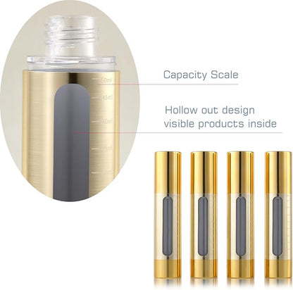 Gold, empty cosmetic pump bottle with travel bag, refillable, vacuum pump bottle for lotion, toner, foundation make-up, hair oil, hand sanitizer and other liquids, 7 pieces (1.7 oz/50ml)