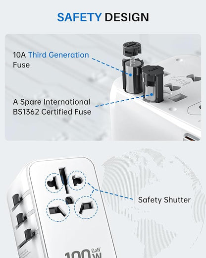 DOACE Universal Travel Adapter, 100W GaN 3.0 International Power Adapter with Built-in USB-C Cable, 6 in 1 Travel Adapter with 5 USB Ports, Plug Adapter Worldwide for EU/UK/USA/AUS(White)