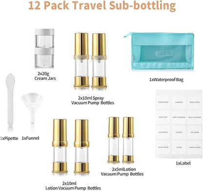 Golden Airless Pump Bottle Travel Set with Box Refillable Cosmetic Vacuum Pump Bottle Such as Hand Soap,Toner,Foundation,Hair Oil,Lotion and Cream (Golden, 5ml-10ml-20g)