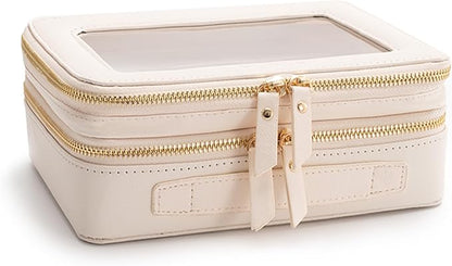 Aveniee Large Clear Makeup Bags, Double Layer Cosmetic Bags with Separate Brush Compartment, Travel Toiletry Bag Cosmetic Train Case, Travel Accessories Organizer for Women(2 Layers, White)