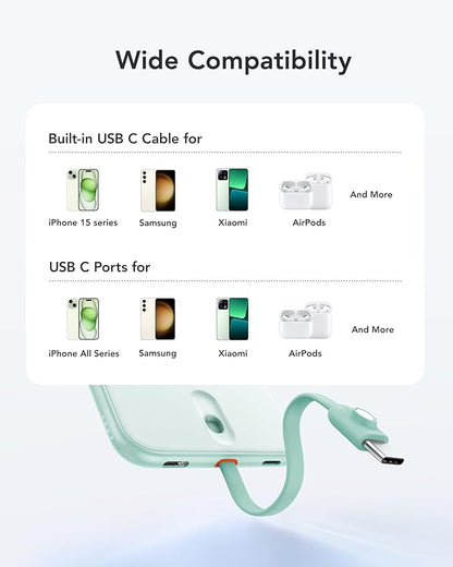 VEEKTOMX Slim Portable Charger, 5000mAh Lightweight Power Bank with Wired USB C Cable, Ultra Thin Battery Pack Compatible with iPhone 15/Plus/Pro/Pro Max/Samsung/Android(Non-Wireless Charging), Blue