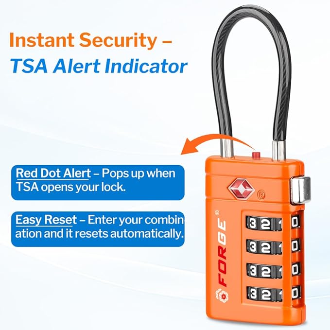 Forge TSA Approved Luggage Locks 4 Digit Combination TSA Travel Locks with TSA008, Open Alert Indicator, Zinc Alloy Body for Luggage, Suitcase, Backpack, and More. Orange 4 Locks.