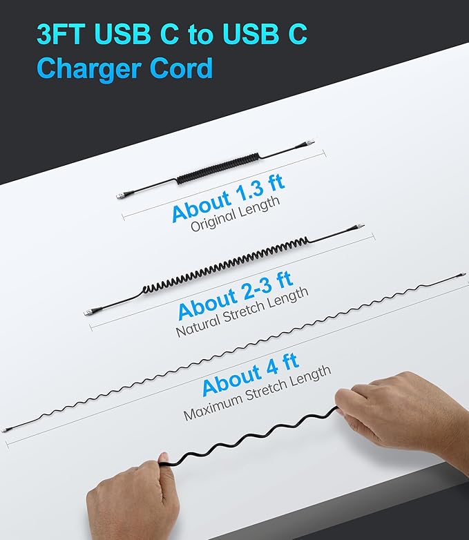 Coiled USBC to USBC Cables for Car 3FT/5FT, USB C to USB C Fast Charging Cables Short Type C Cord for iPhone 17/16/15/Pro/Plus/Pro Max/Samsung Galaxy S23, Compatible All Type C Devices-Silver 2Pack
