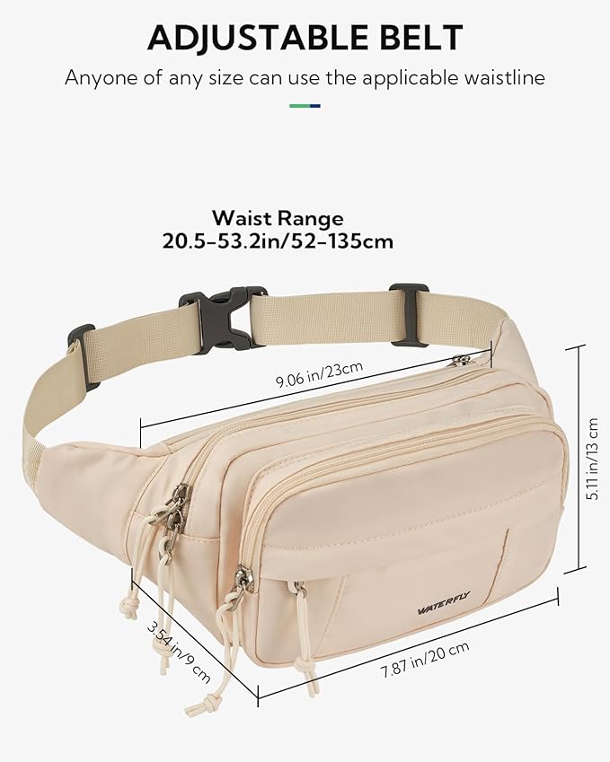 WATERFLY Fanny Pack Waist Packs: Large Crossbody Fanny Packs for Women Men with 5 Zipper Pockets Adjustable Strap Waist Bags Hip Pack for Traveling Cycling Running Hiking-White