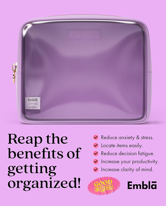 Embla London Makeup Bag Cosmetic Case, Clear Zipper Make Up Pouch and Toiletry Travel Tote, Cute Skincare Pouches for Women Girls, Preppy Purse Cosmetic Organizer, Large Makeup Bags, Grape