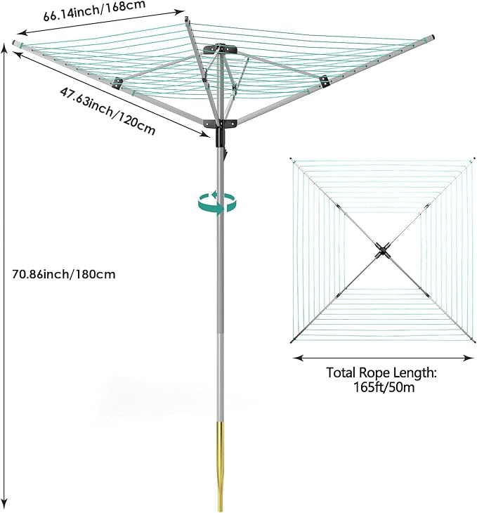 tonchean Rotary Umbrella Drying Rack Outdoors, 4-arm Umbrella Clothesline for Laundry, Adjustable Height Rotary Dryer Collapsible Clothes Drying Rack | 12-Lines with 165 ft. Clothesline