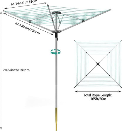 tonchean Rotary Umbrella Drying Rack Outdoors, 4-arm Umbrella Clothesline for Laundry, Adjustable Height Rotary Dryer Collapsible Clothes Drying Rack | 12-Lines with 165 ft. Clothesline