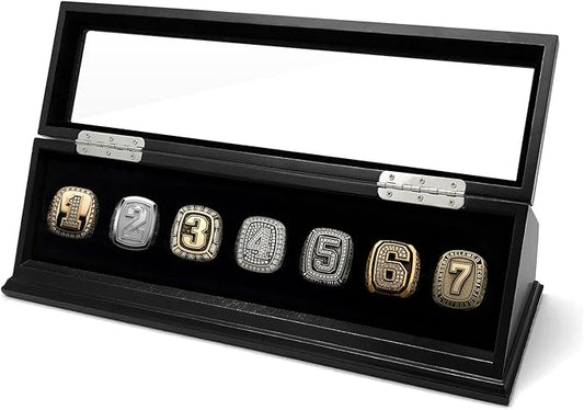 CHEZ MONETT Championship Ring Display Case Big Ring Storage Box (Matt Black, 7 Slots)