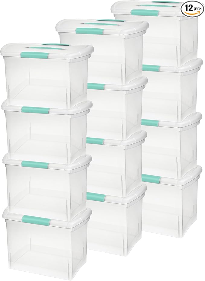 Sterilite Large Nesting ShowOffs Stackable Storage Bin, Latching Organizer Tote with Handle, Plastic Box for File Organization, Clear, 12-Pack