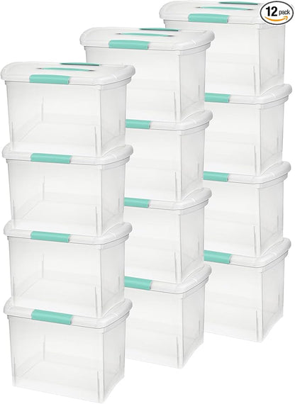 Sterilite Large Nesting ShowOffs Stackable Storage Bin, Latching Organizer Tote with Handle, Plastic Box for File Organization, Clear, 12-Pack
