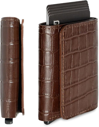 Jenoss Smart Wallet For Men: Full Grain Leather, Handcrafted, Slide Metal Pop Up Case, Slim RFID Blocking Credit Card Holder, Minimalist, Compact, 6-8 Cards Organizers, Front Pocket, Clip (Burgandy)