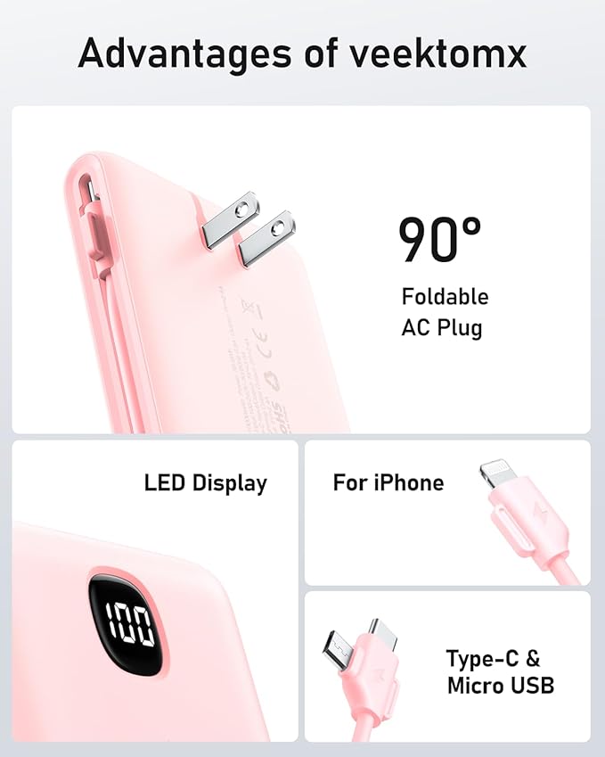 VEEKTOMX Portable Charger with Built in Cables 10000mAh, Power Bank for iPhone with Wall Plug, Travel Essential Fast Charging USB C Slim External Battery Pack for iPhone 17/16/15/14, Samsung, iPad,etc