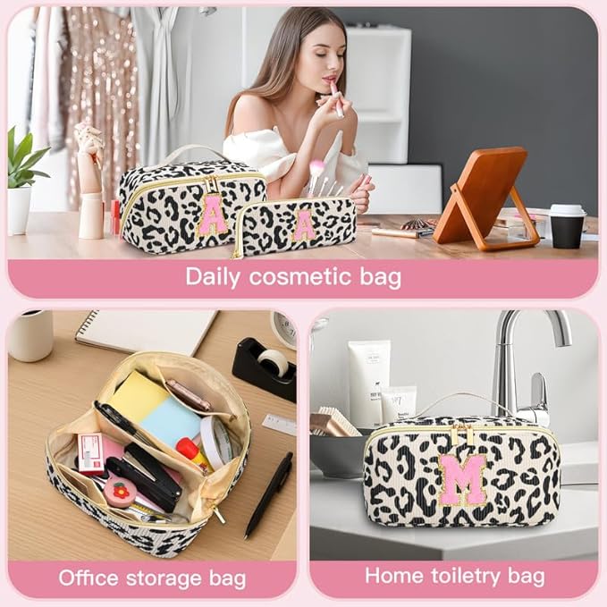 Personalized Travel Makeup Bag Set,Initial Travel Cute Leopard Makeup Organizer Bag,Toiletry Skincare Cosmetic Bag,Christmas Gifts for Women/Girls,Open Flat Toiletry Pouch with Brush Pocket-W