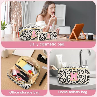 Personalized Travel Makeup Bag Set,Initial Travel Cute Leopard Makeup Organizer Bag,Toiletry Skincare Cosmetic Bag,Christmas Gifts for Women/Girls,Open Flat Toiletry Pouch with Brush Pocket-W