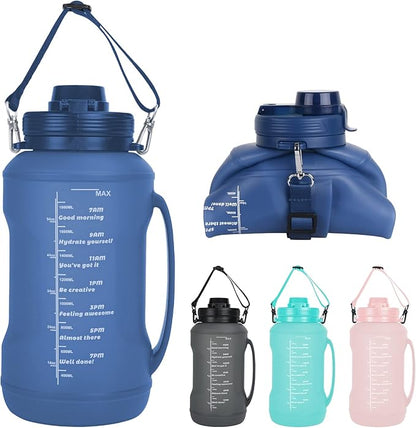 Collapsible Water Bottles, 2L/64OZ travel water bottle Bottle with Straw, Half Gallon Large Water Bottle for Travel Outdoor Sports Runing Fitness Yoga (Upgraded blue)