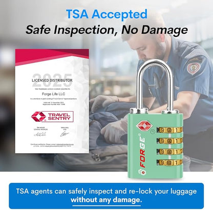 Forge Dual-Opening: Key or Combination Access Lock, TSA Approved Locks for Luggage, Pelican case, Travel, Gym, School, Stainless Steel Shackle. (Green, 4 Pk)