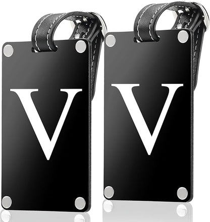 Premium 3-Layer Aluminum Luggage Tags by Fortuna - Easy to Claim, Laser-Engraved, Plastic-Free, and Eco-Friendly Luggage Tag Holders, 2-Pack, Black (V)