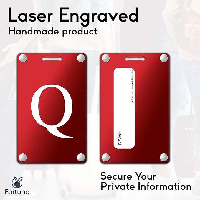 Premium 3-Layer Aluminum Luggage Tags by Fortuna - Easy to Claim, Laser-Engraved, Plastic-Free, and Eco-Friendly Luggage Tag Holders, 2-Pack, Red (Q)