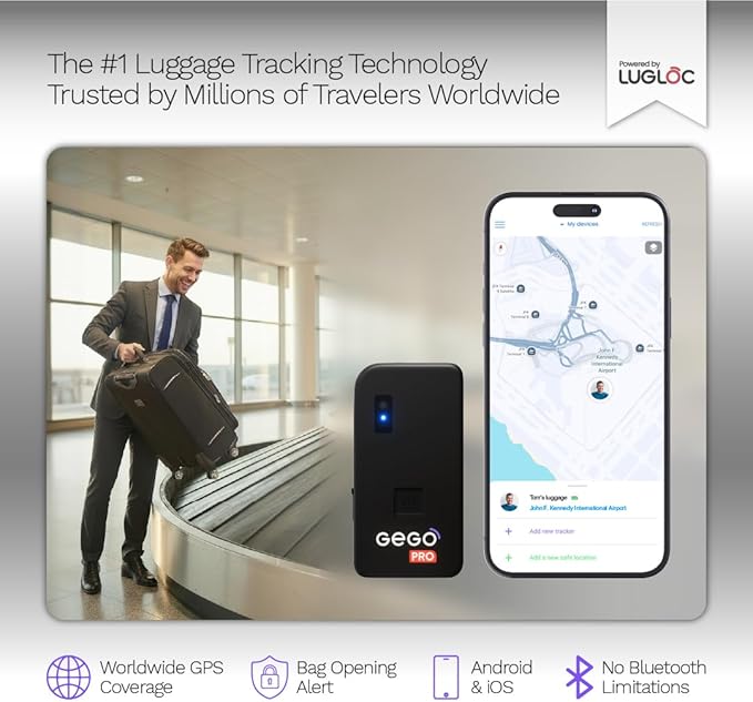 GEGO PRO - GPS Luggage Tracker, Real-Time Global Tracking for Bags, Luggage & Travel Gear, No BT Limits, Bag-Opening Alerts, Smart Travel Features, Multi-Network SIM (Subscription Required)