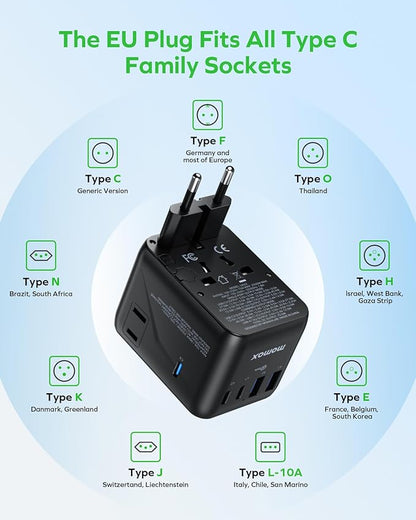 MOMAX Mini 7-in-1 Universal Travel Adapter, GaN 70W International Power Adapter, 2 AC, 3 USB-C PD Fast Charging & 2 USB-A QC, Travel Essentials for All European Travel Plug Adapter UK AUS JP