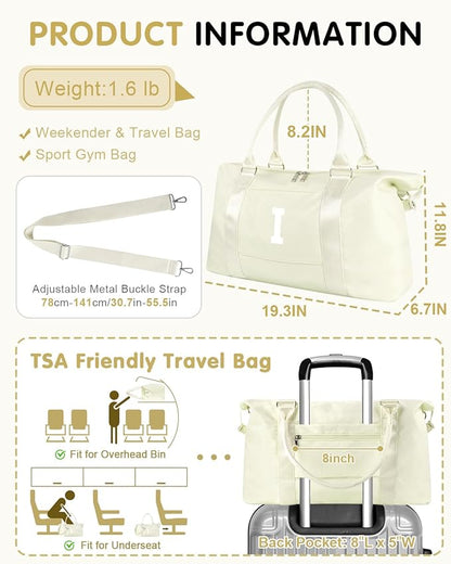 Initial Travel Duffel Bag Sports Gym Bag for Kids Teen Birthday Gifts,Beige Personalized Weekender Bag Carry On Dance Bags for Women Men,Waterproof Monogram Overnight Bag with Trolley Sleeve(Letter I)
