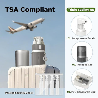 YOTIME 4in1 Travel Bottles Set, Vacuum Silicone Suction Cup for Smooth Walls, TSA Approved Leak Proof Travel Size Containers for Toiletries, Shampoo, Body Wash and Conditioner, Gray