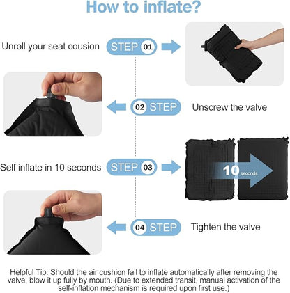 Larger Self-Inflating Airplane Seat Cushion for Long Flights – Portable Travel Cushion Airplane Seat - Memory Foam Travel Seat Cushion Providing Pressure Relief (Black)