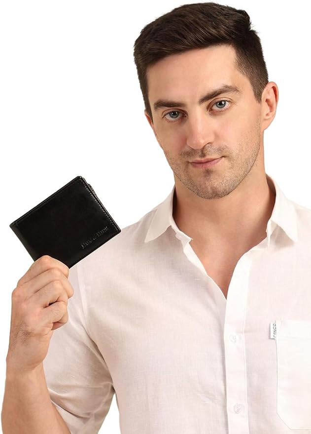 Hum & Hide Full-Grain Leather Wallet for Men – RFID Blocking Slim Bifold Wallet with ID Window, 8 Card Slots & Cash Compartment – Minimalist Black Leather Gift Wallet