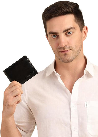 Hum & Hide Full-Grain Leather Wallet for Men – RFID Blocking Slim Bifold Wallet with ID Window, 8 Card Slots & Cash Compartment – Minimalist Black Leather Gift Wallet