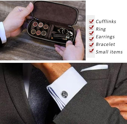 CONTACTS Crazy Horse Leather Cufflink Box for Men Travel Jewelry Storage Case Small Jewelry Organizer Padded Tray for Cufflinks Rings Earrings Studs