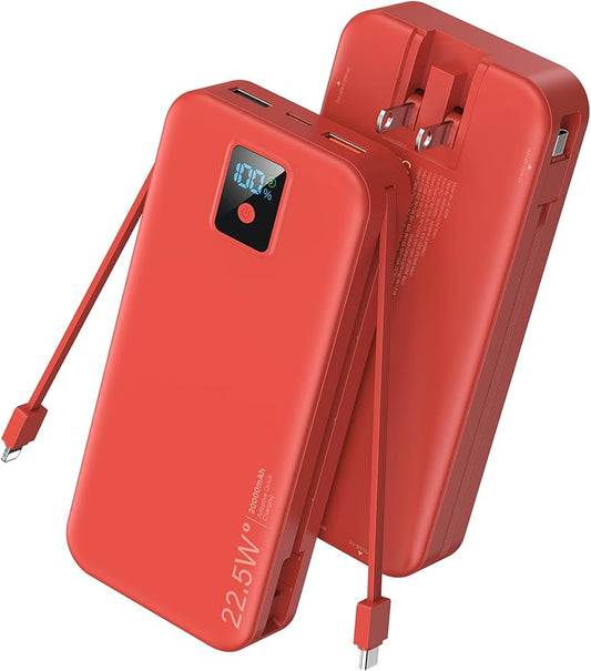 Portable Charger, 20000mAh 22.5W Fast Charging Power Bank with Built-in Cables & Wall Plug, Travel Essentials Battery Pack with LED Display, USB C External Battery Bank for iPhone iPad, Samsung Red
