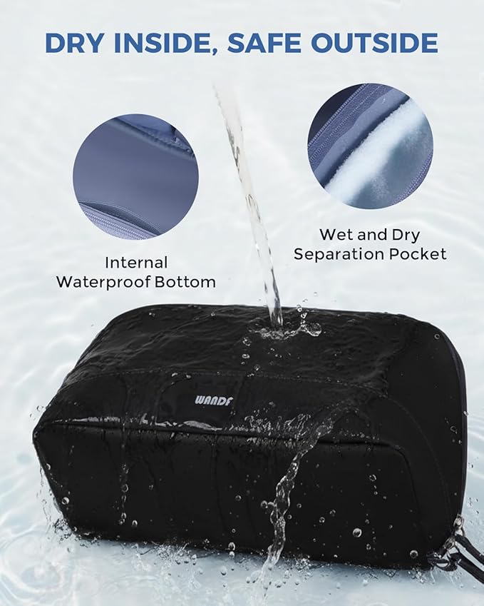 WANDF Toiletry Bag for Men, PU Leather Travel Organizer with Detachable Waterproof Hanging Pouch, Open-Flat Dopp Kit Shaving Bag with Wet Pocket for Travel Toiletries Accessories (Black)