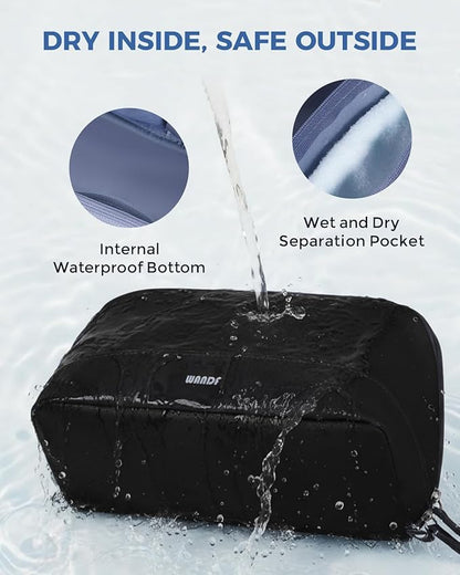 WANDF Toiletry Bag for Men, PU Leather Travel Organizer with Detachable Waterproof Hanging Pouch, Open-Flat Dopp Kit Shaving Bag with Wet Pocket for Travel Toiletries Accessories (Black)