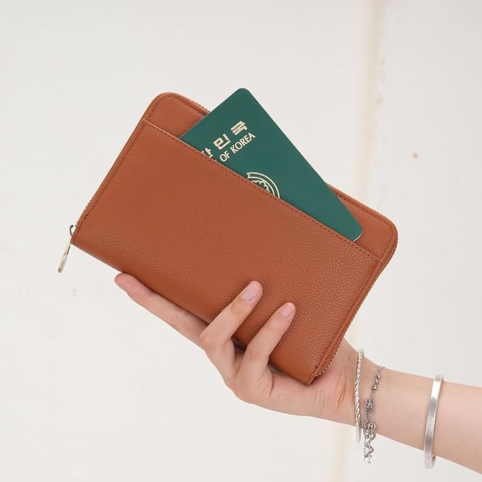 WASON Leather Zipper Travel Passport Wallet Holder RFID Blocking Cover, Passport case Pocket Slot for Card, Cash, ID, Boarding Pass and Ticket for Men, Women and Family Trips (Brown)