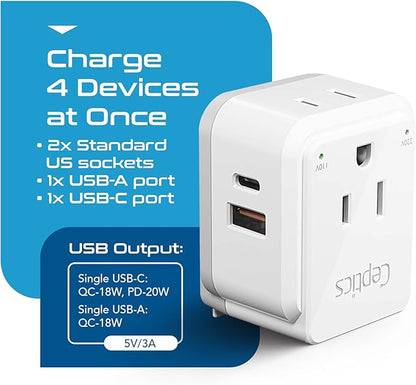 Ceptics Israel, Jordan Power Plug Adapter Travel, 20W PD & QC, Safe Dual USB & USB-C 3.1A -2 USA Socket - Use in Jerusalem, Palestine, UAE - Includes Type H, Type C, Type G Swadapt Attachments