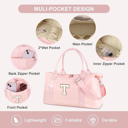 Dance Gym Duffel Bag for Teen Girls, Personalized Initial Travel Weekender Bag,Cute Overnight Carry On Duffle for Women,Sports Travel Cheer Bag,Monogram Christmas Gifts for Tween Preppy(pink-T)